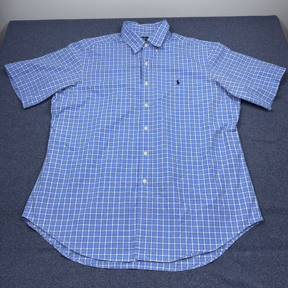 Ralph Lauren Button Down Shirt XL Classic Fit Plaid Cotton Short Sleeve Blue